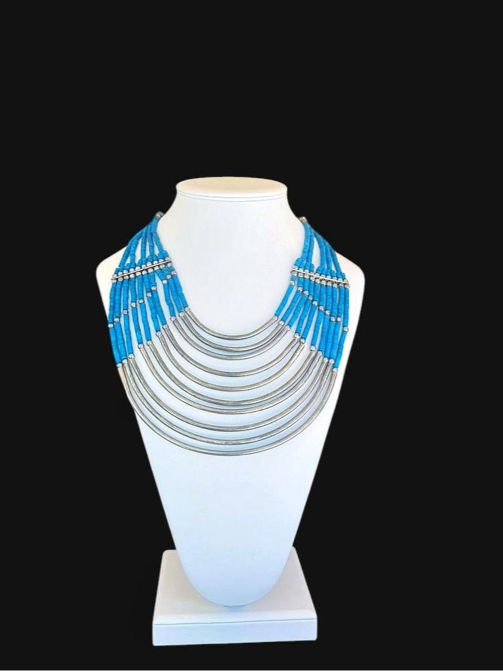 Vintage Southwestern Multi-Strand Turquoise & Silver Bib Collar